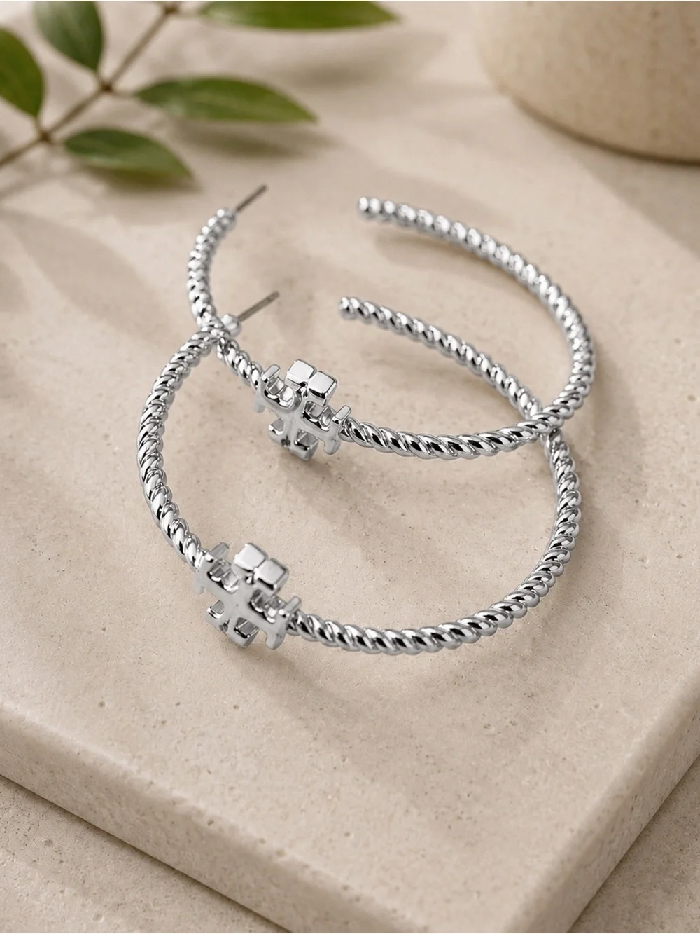 Tory Burch Silver Tone Twisted Hoop Earrings Logo Butterfly Back